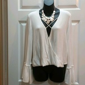 Lulu's deep low V-neck faux wrap flounce longsleeve blouse fits size Small
